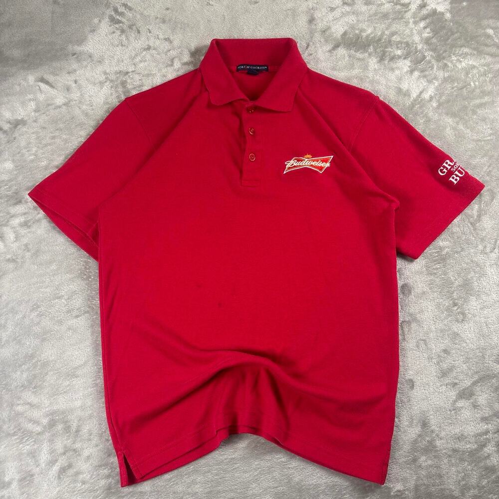 Budweiser Beer Golf Polo Shirt Men’s M Red Embroidered Port Authority Distressed